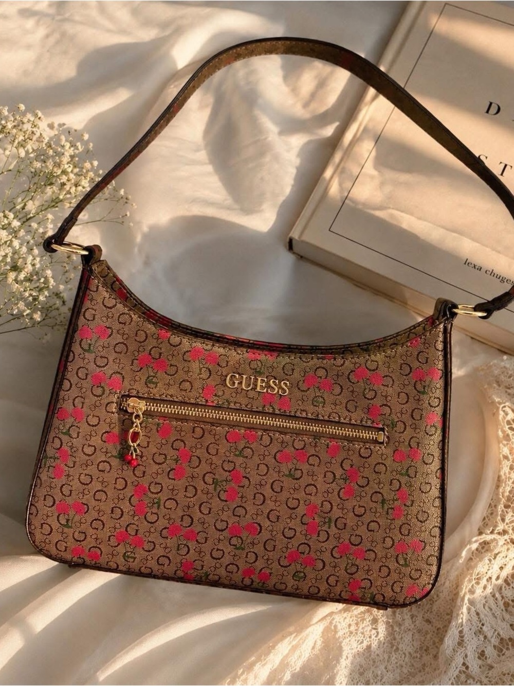 GUESS Brown Monogram Shoulder Bag with Pink Cherry Print